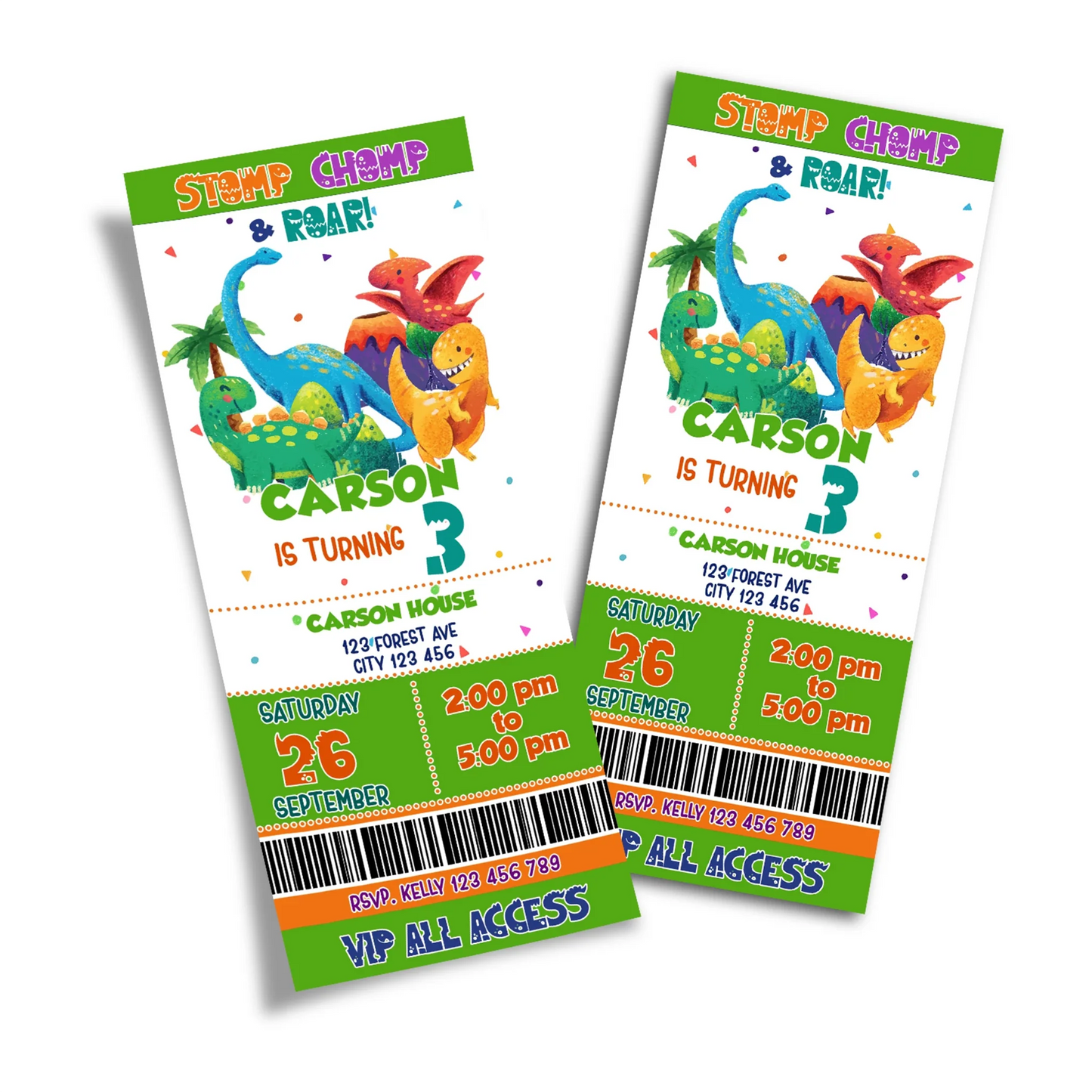 Birthday ticket invitation designed with a vibrant dinosaur theme and event details