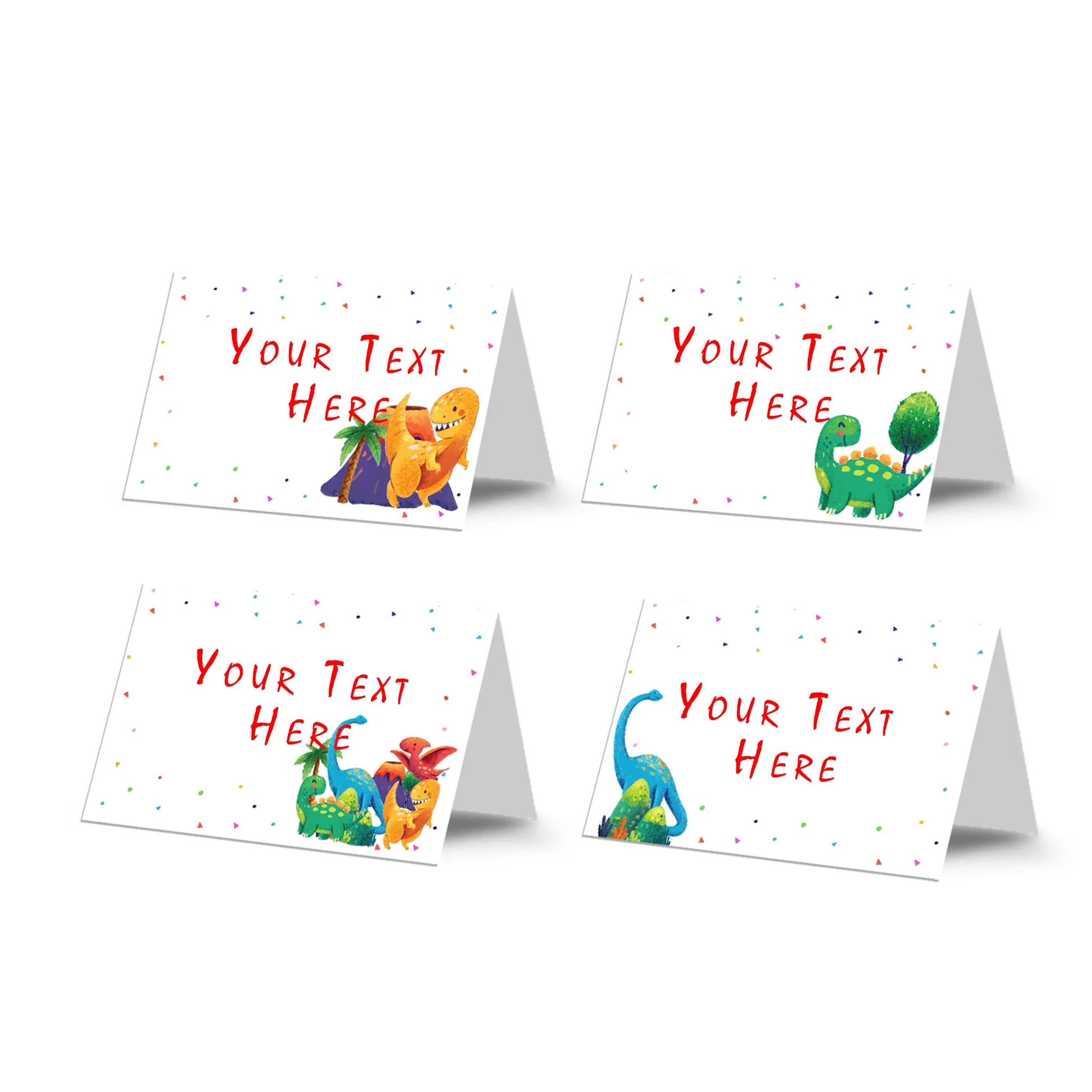 Food cards designed with colorful dinosaurs for labeling dishes at parties