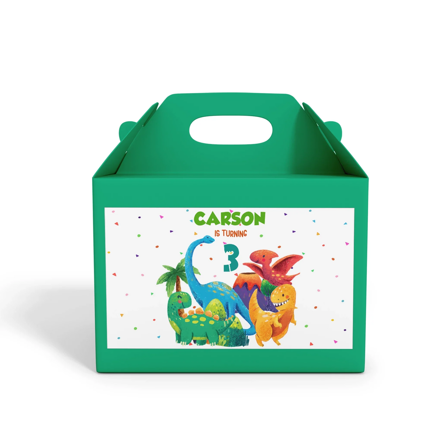 Treat box label with vibrant dinosaur graphics and customizable text