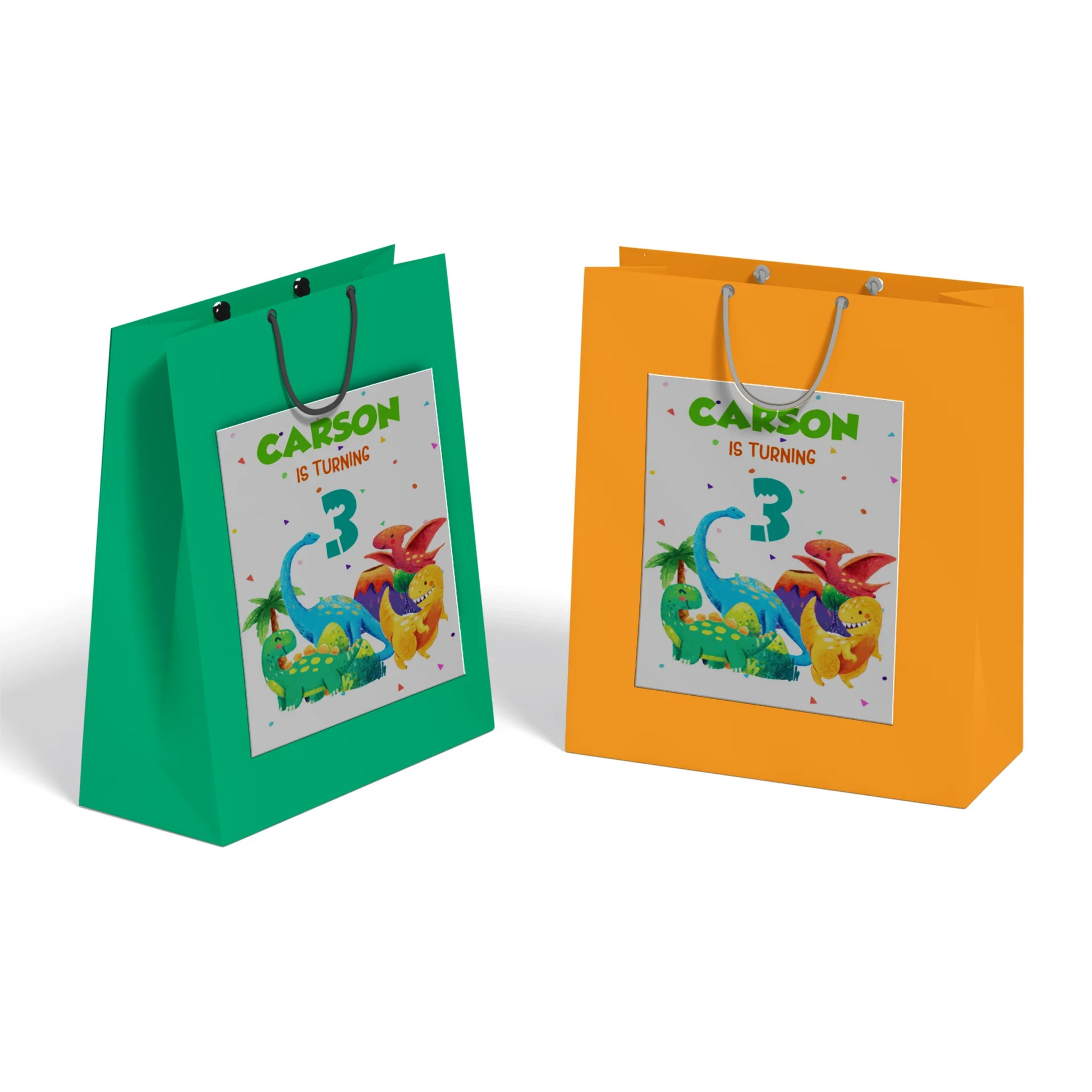 Goodie bag label designed with colorful dinosaur themes and personalized messages