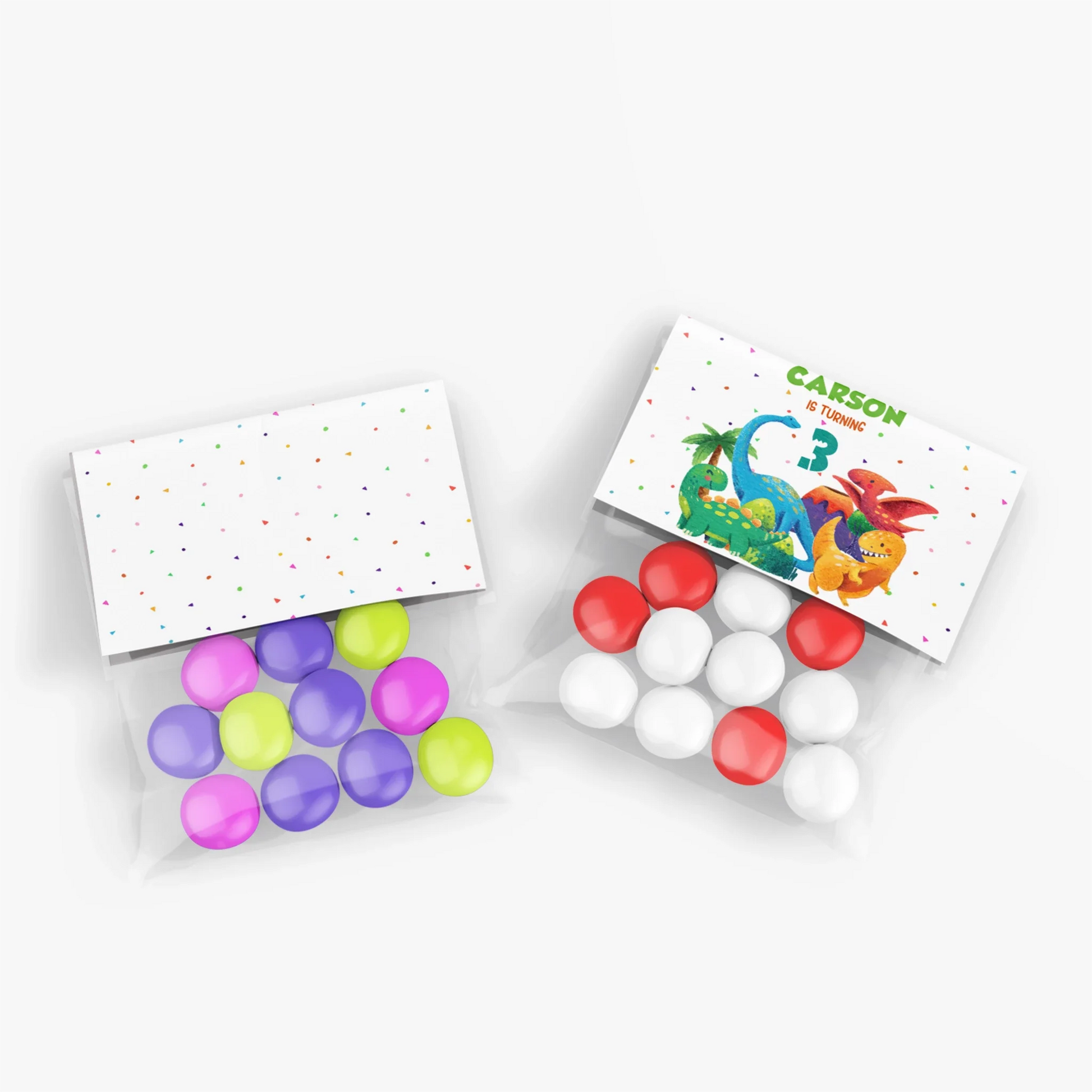 Treat bag topper label designed with vibrant dinosaur elements and personalized details
