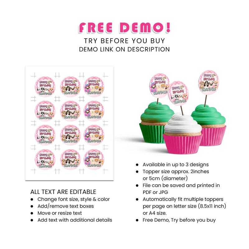 Puppy & Dog Personalized Cupcakes Toppers Digital Download