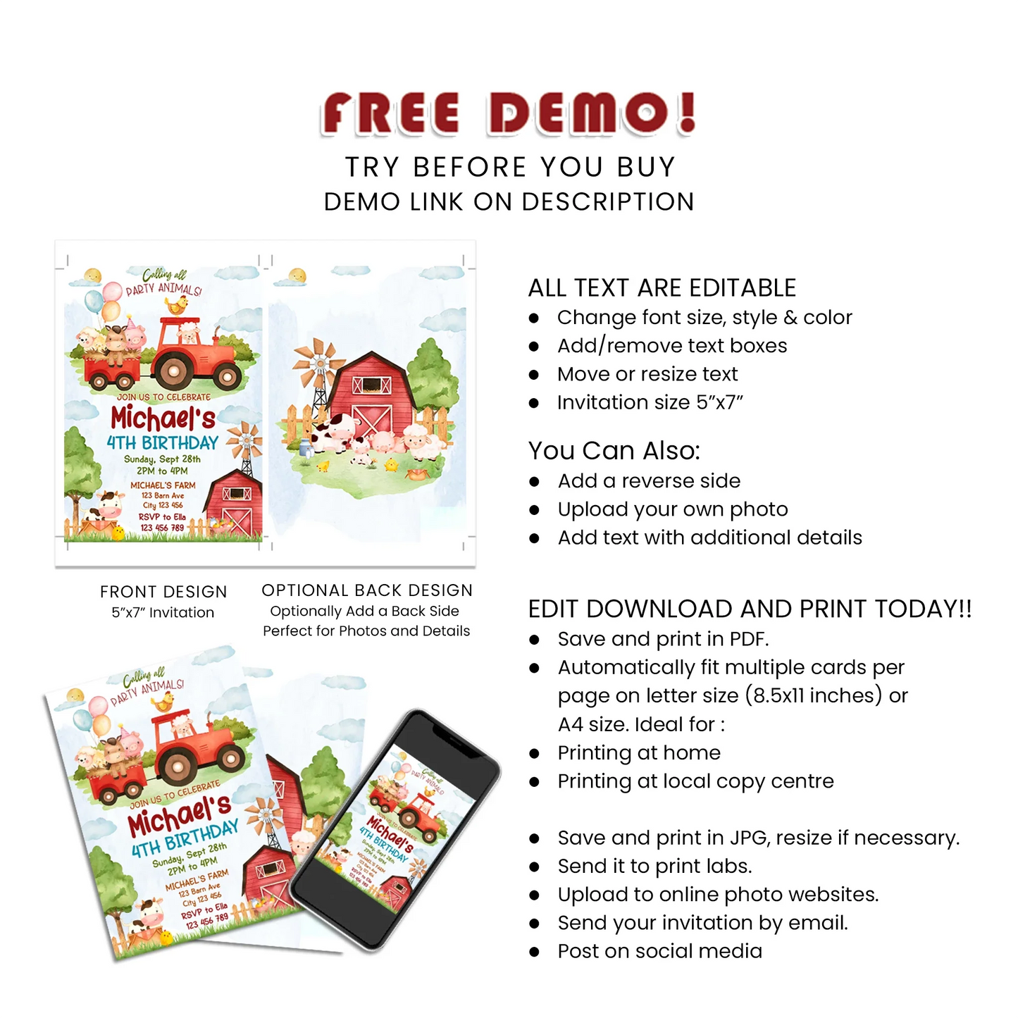 Buy Farm Animals Theme Personalized Birthday Card Invitations