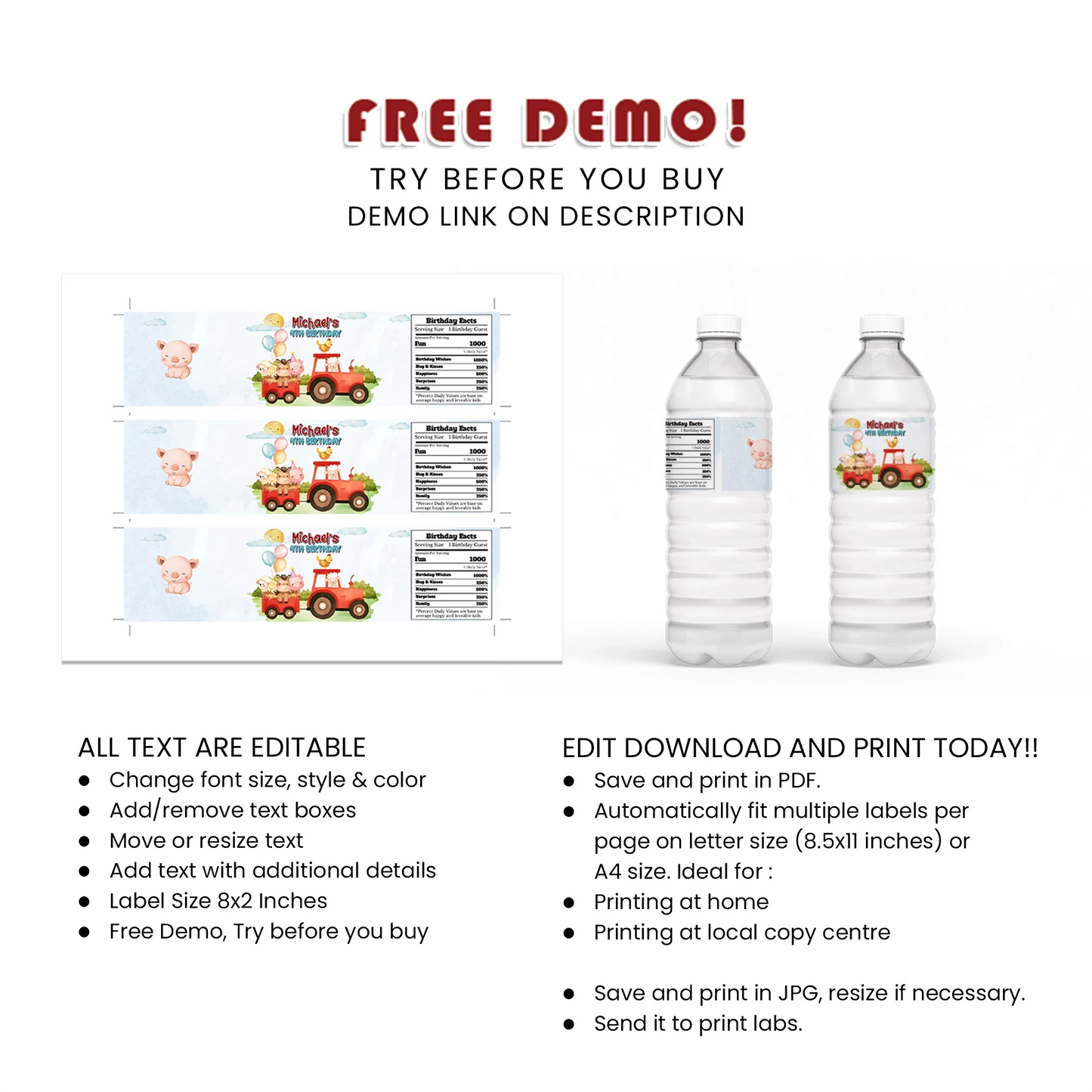 Farm Animals Theme Water Bottle Label Printable