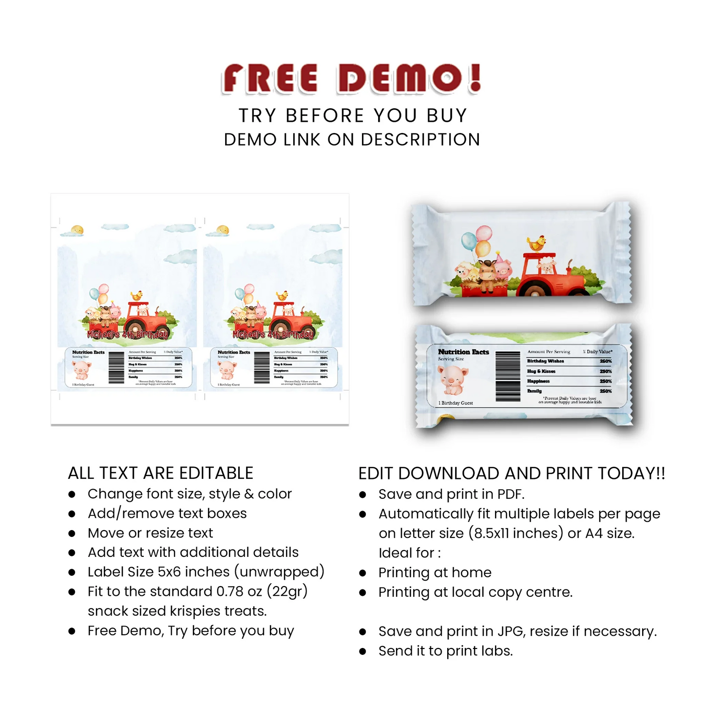 Farm Animals Theme Rice Krispies & Candy Bar Label Set