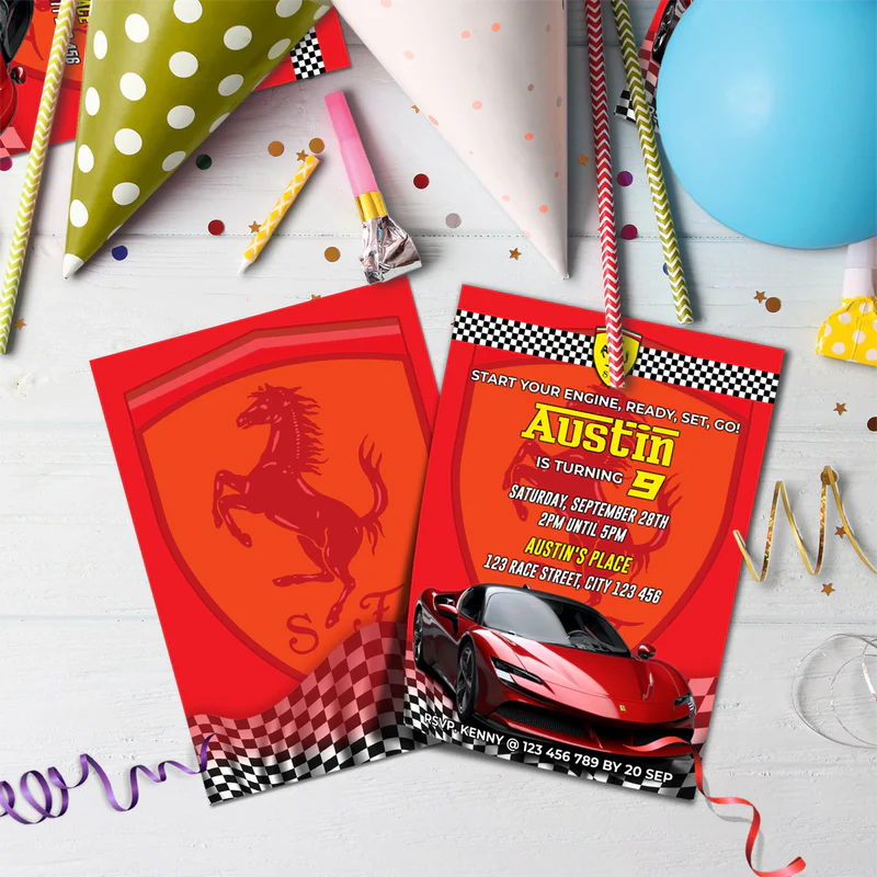 Ferrari Birthday Decorations, Red Ferrari Party Supplies, Sport Car Themed, Ferrari F1 Digital Template, Editable Ferrari Image SVG PNG