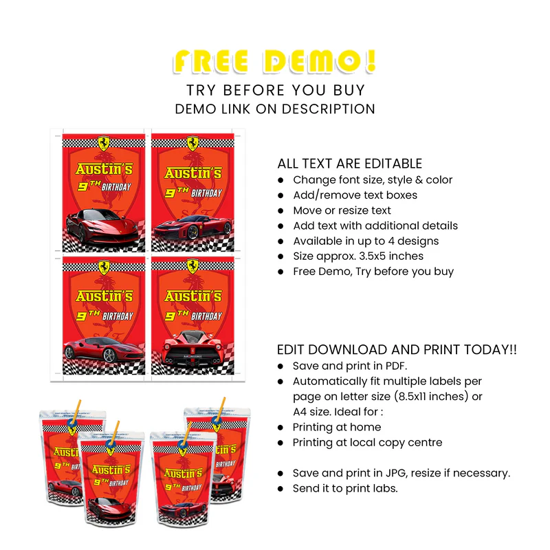 Ferrari Juice Pouch Label Personalized Party Drink Stickers