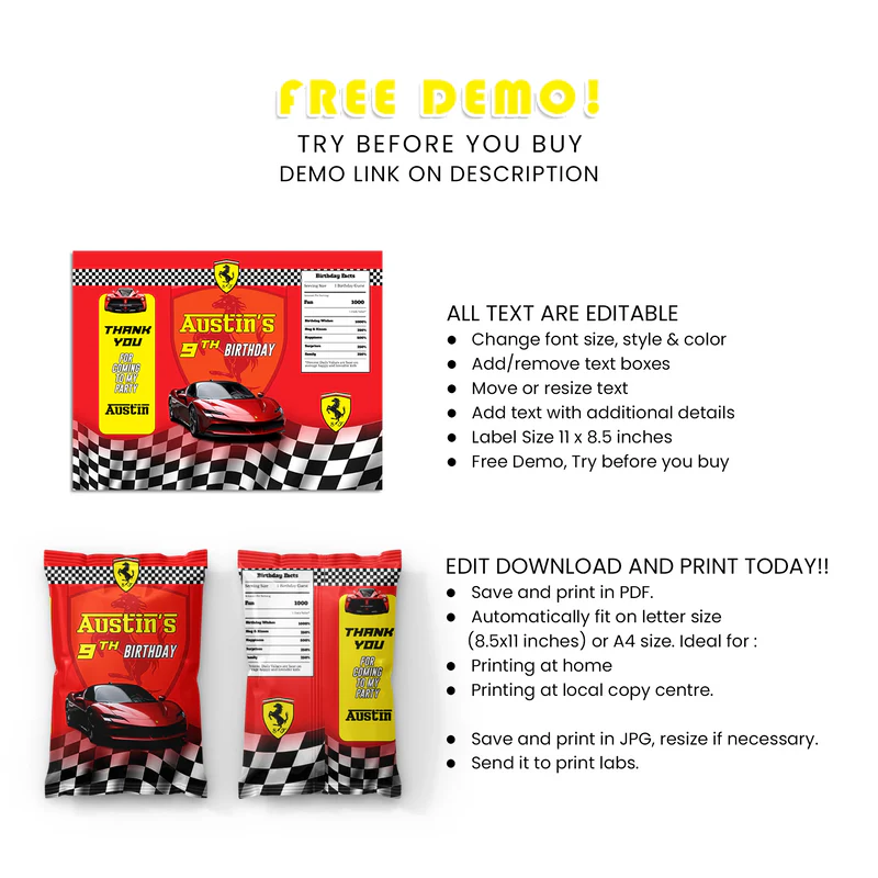 Ferrari Chips Bag Label Custom Printable Snack Wrap for Kids