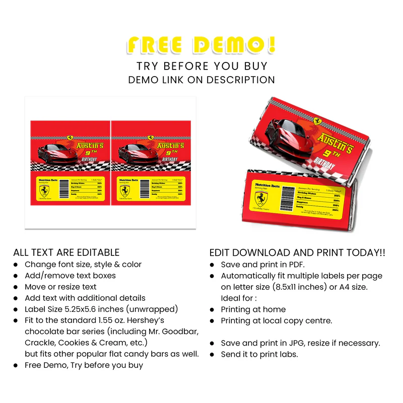 Ferrari Chocolate Label Personalized Candy Wrapper for Birthdays