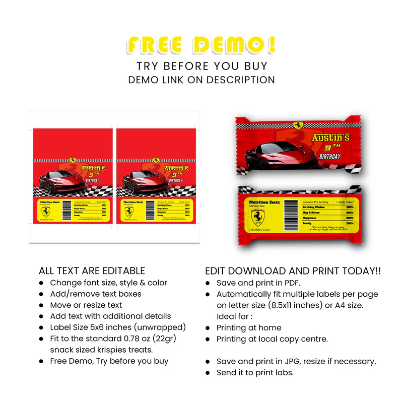 Ferrari Candy Bar & Rice Krispies Treats Label Custom Set