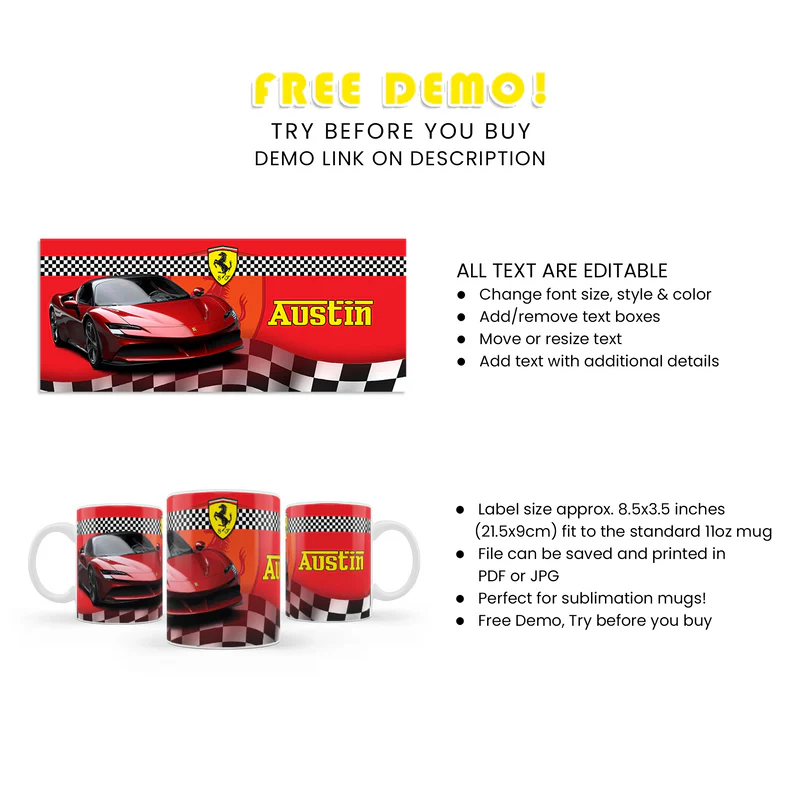Ferrari Mug Sublimation Printed Gift Custom Name Option