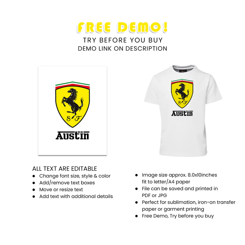 Ferrari T-Shirt Sublimation Print Personalized for Kids Birthday