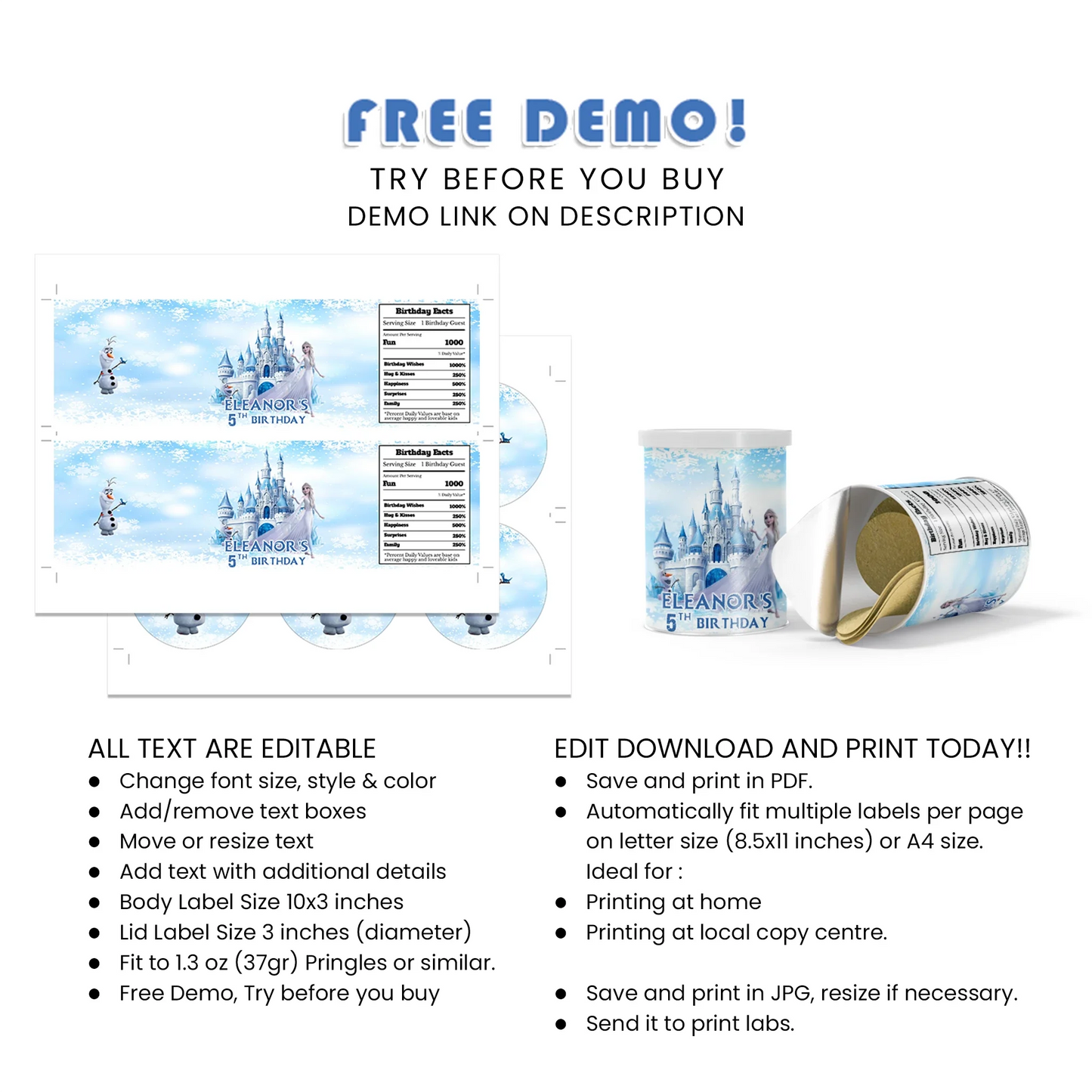 Frozen Small Pringles Label for Themed Snack Containers