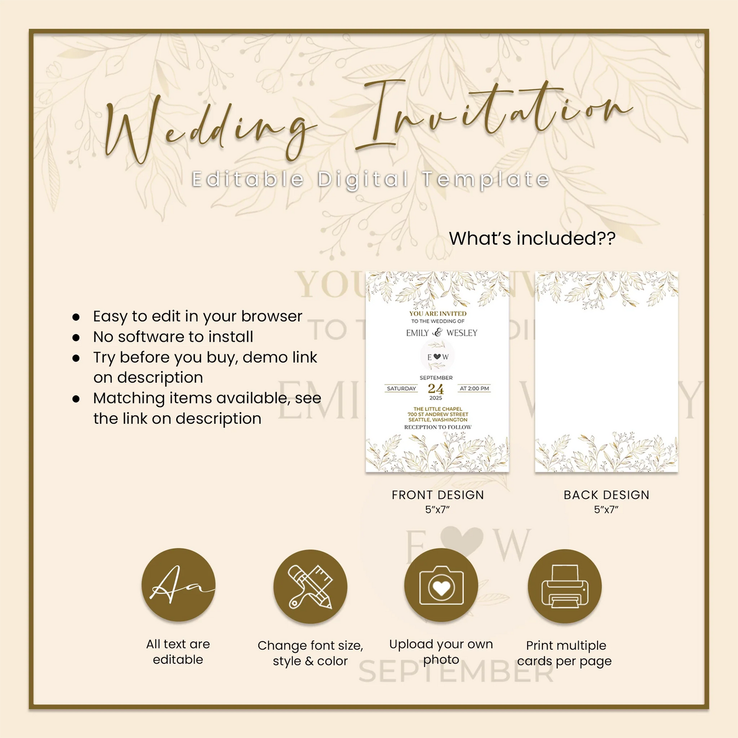 Gold Wild Flower DIY Wedding Invitations Elegant Floral Invitation Suite for Weddings & Events