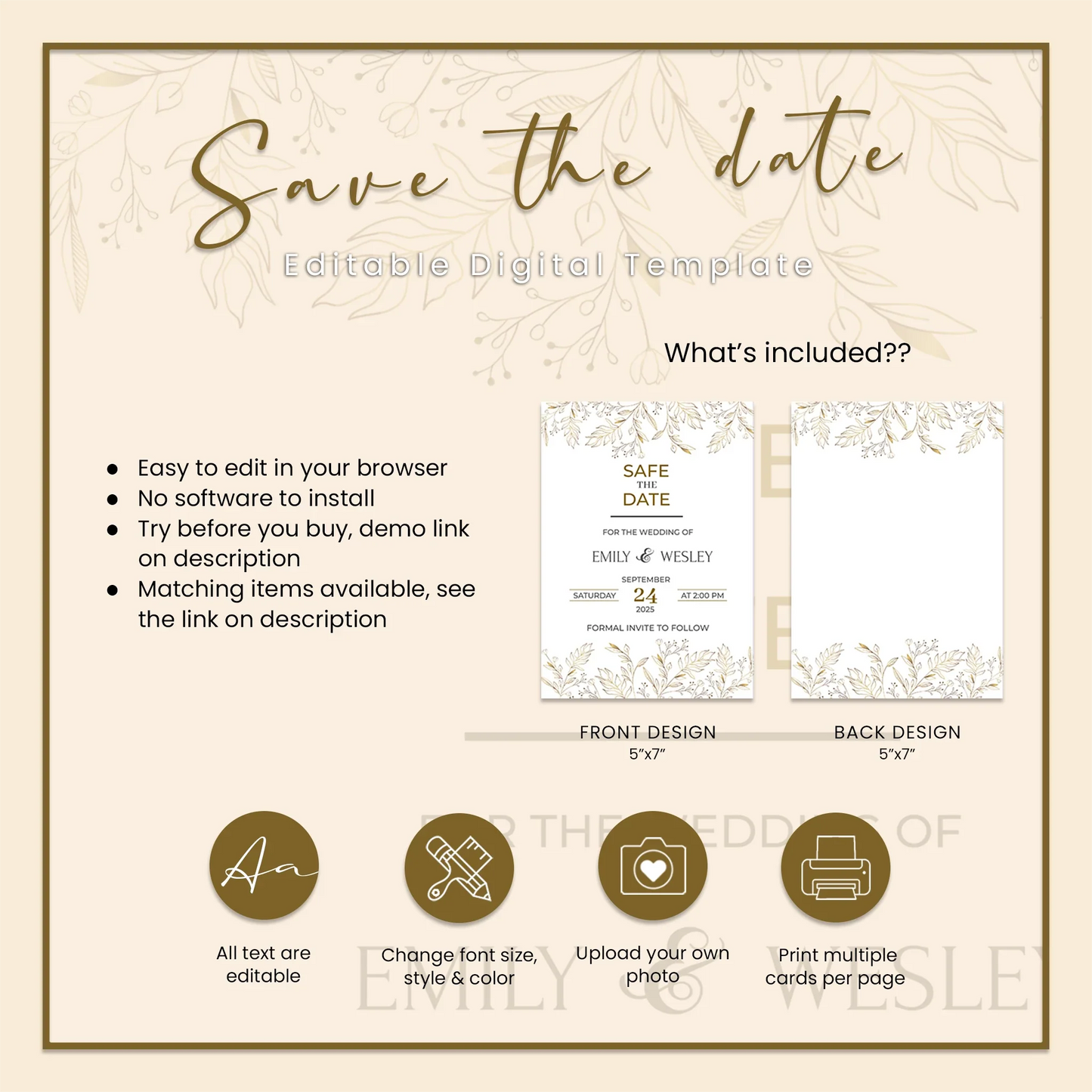 Gold Wild Flower Save the Date Card Personalized Wedding Announcement Digital Template