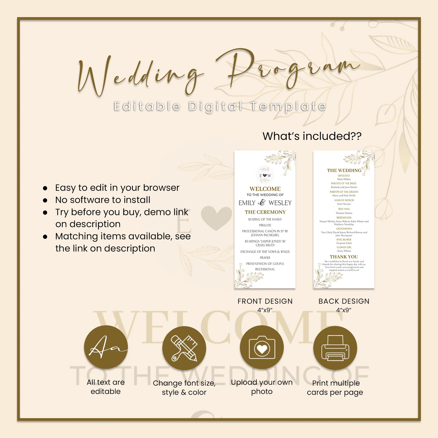 Gold Wild Flower Wedding Program Ceremony Card Elegant Personalized Order of Events Template