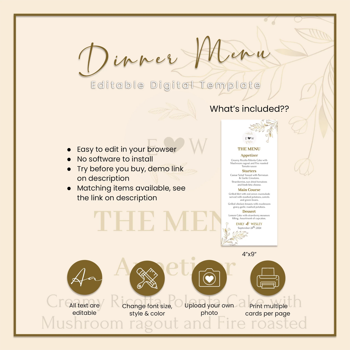 Gold Wild Flower Wedding Menu Card Personalized Reception Dinner Menu Elegant Floral Design