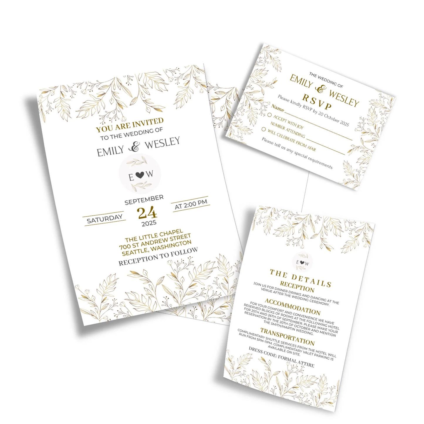 Gold Wild Flower Printable Wedding Invitation Set