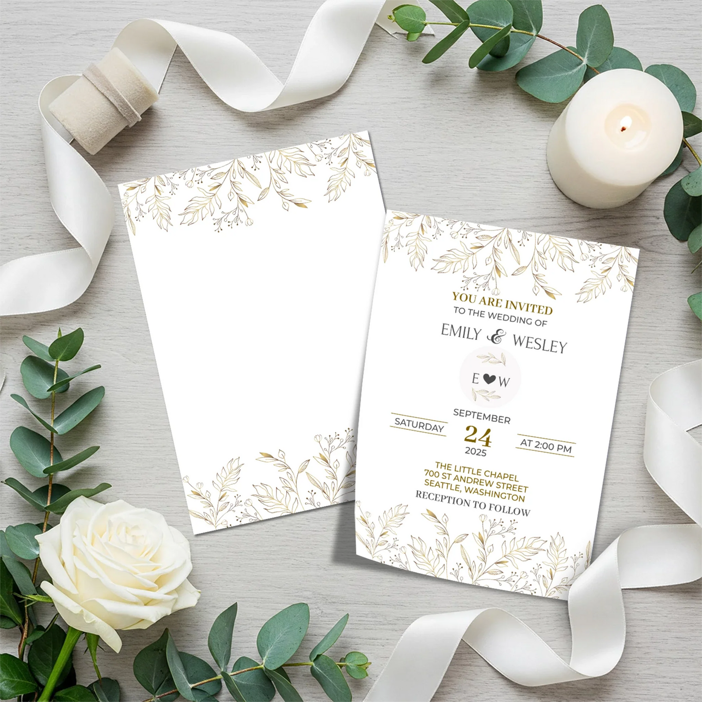 Gold Wild Flower Wedding Invitation Set DIY Invitation Suite with RSVP & Details Card