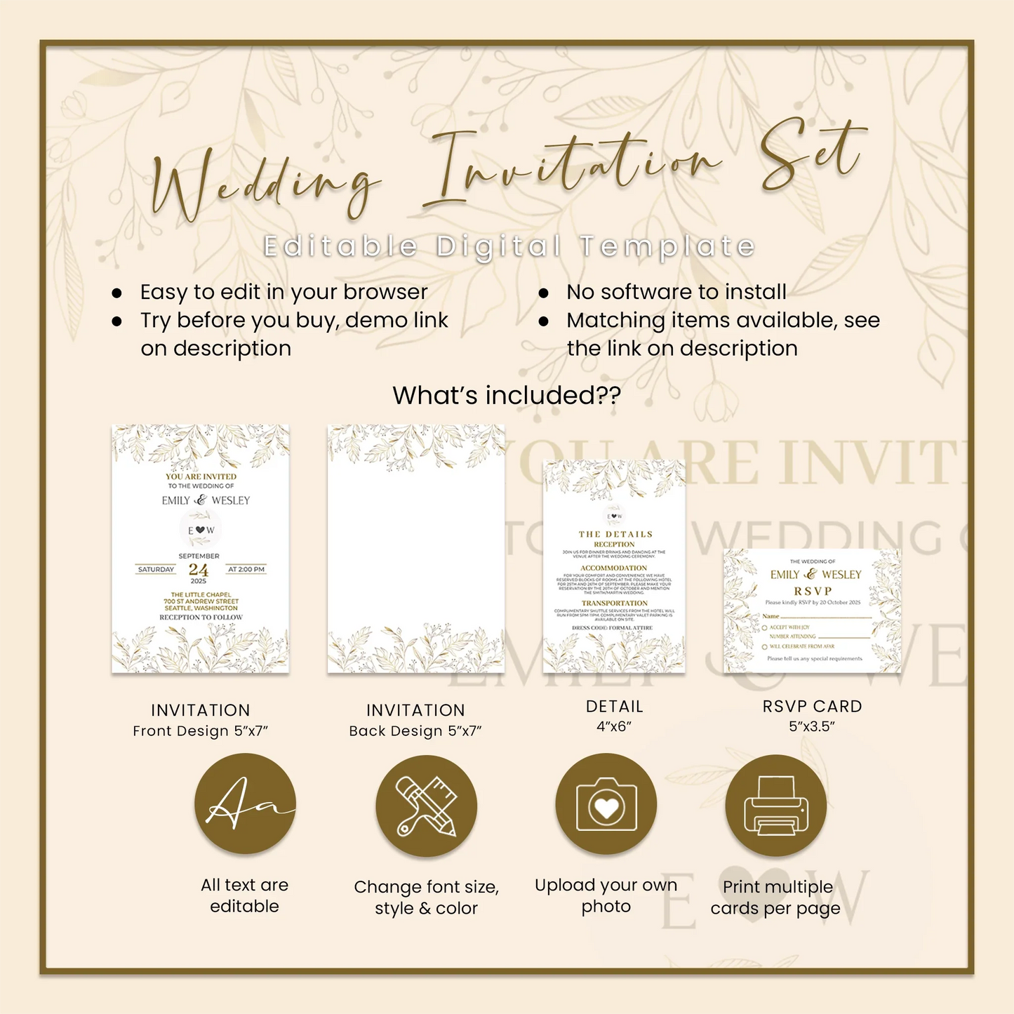 Gold Wild Flower Wedding Invitation Set DIY Invitation Suite with RSVP & Details Card