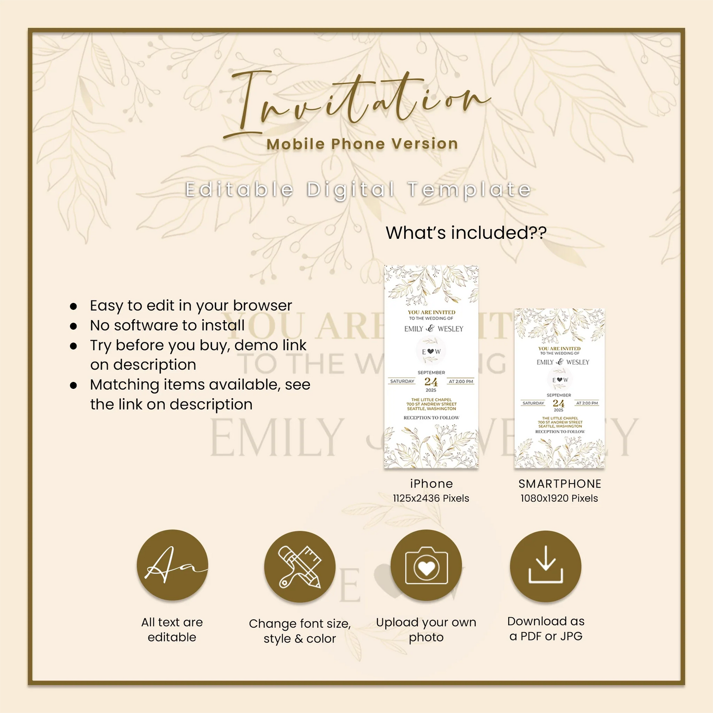 Gold Wild Flower Wedding Invitation Mobile Version Digital Phone Invitation for Weddings & Events