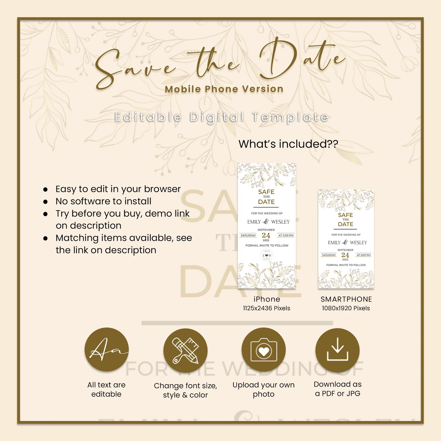 Gold Wild Flower Save the Date Mobile Version Digital Wedding Announcement for Phones & Devices