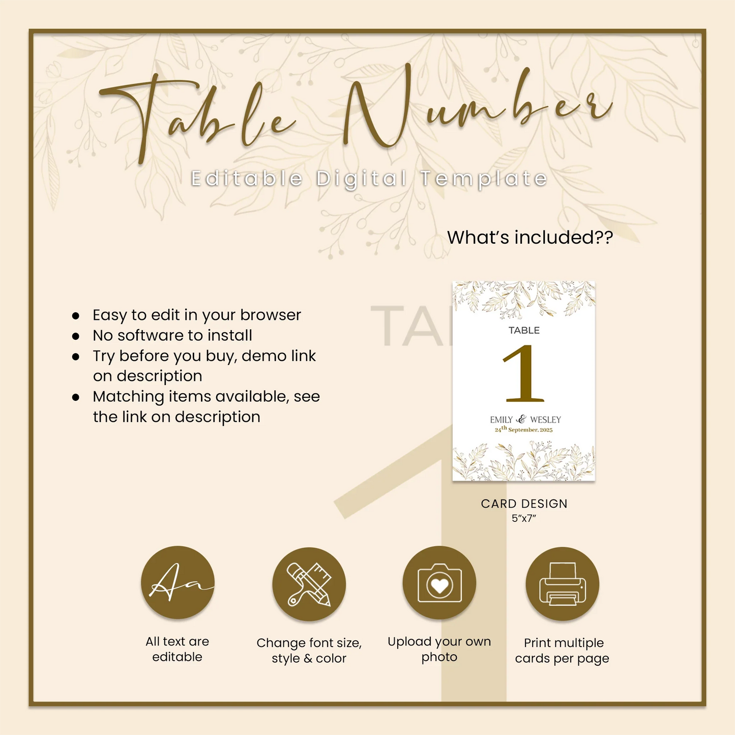 Gold Wild Flower Table Number Card Elegant Wedding Reception Table Number