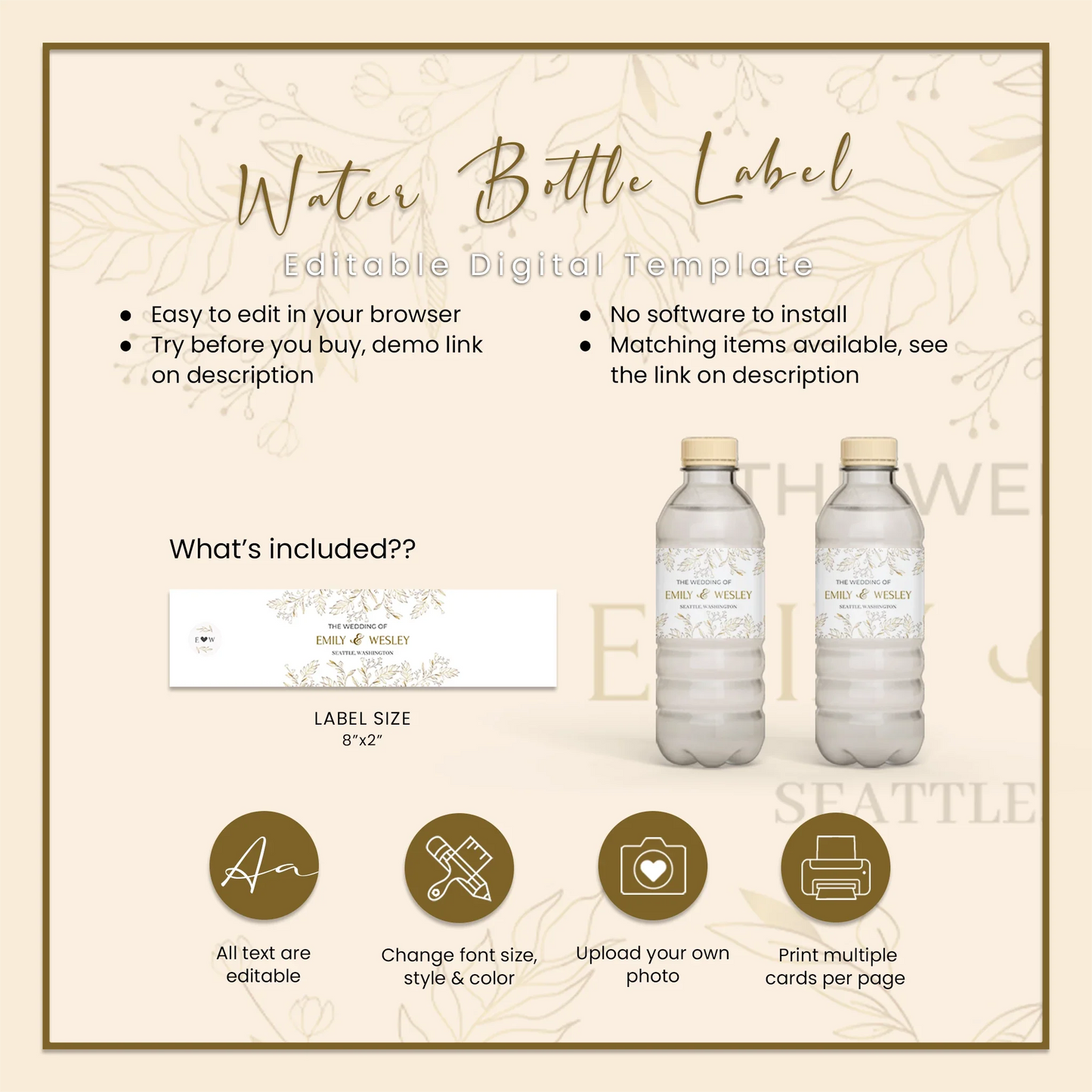 Gold Wild Flower Water Bottle Label Personalized Bottle Wrapper for Wedding & Bridal Showers