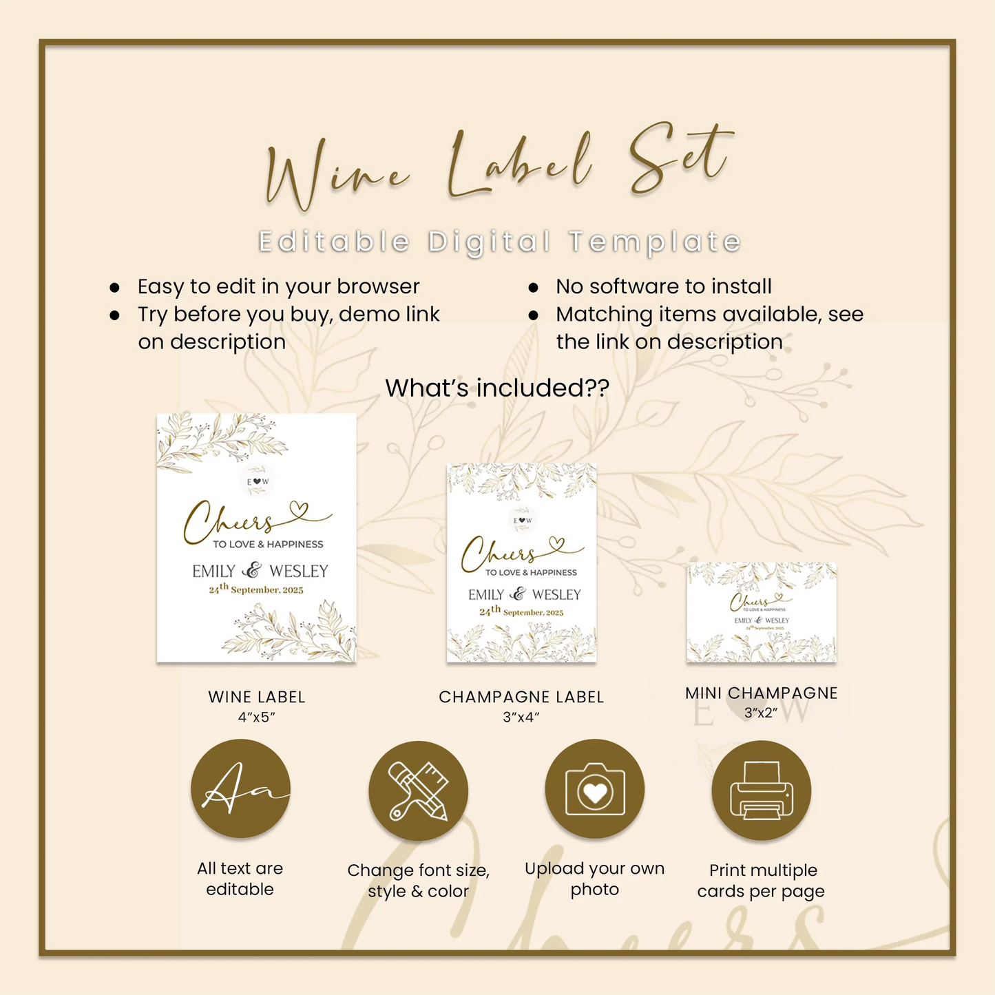 Gold Wild Flower Wedding Wine Label Elegant Floral Custom Wine Sticker for Wedding Reception
