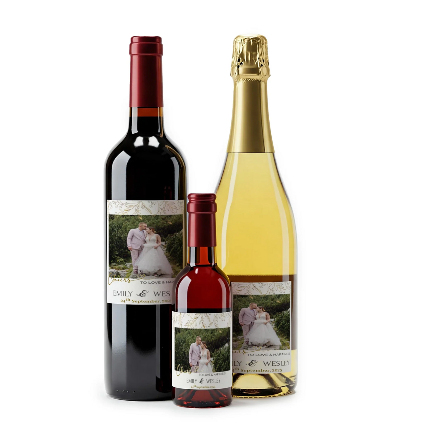 Gold Wild Flower Wedding Wine Label with Custom Photo