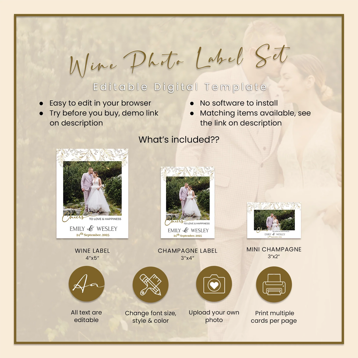 Gold Wild Flower Wedding Wine Label with Photo Personalized Custom Wine Bottle Sticker for Weddings