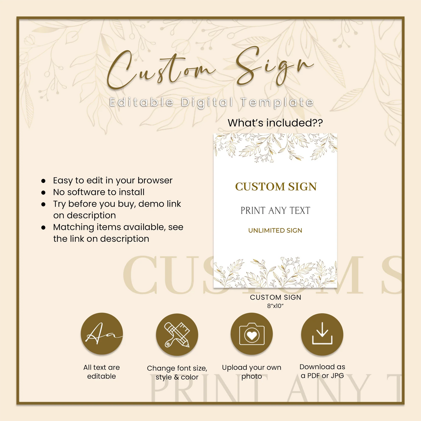 Gold Wild Flower Wedding Event Sign Elegant Personalized Signage for Wedding Ceremony & Reception