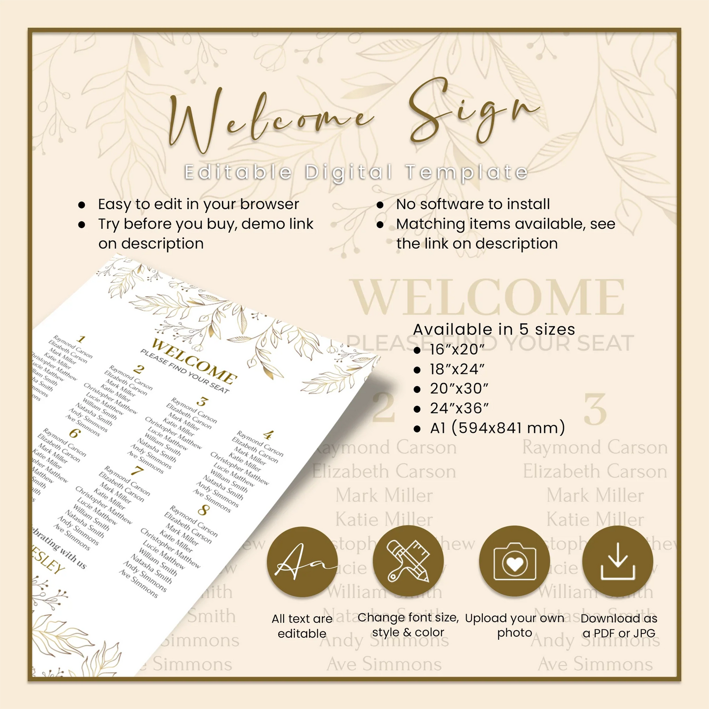 Gold Wild Flower Wedding Seating Chart Personalized Reception Seating Plan Elegant Floral Design