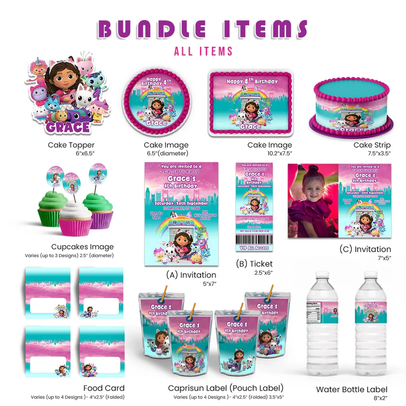 Gabbys Dollhouse party pack bundle with personalized templates in pastel colors flat lay on white background