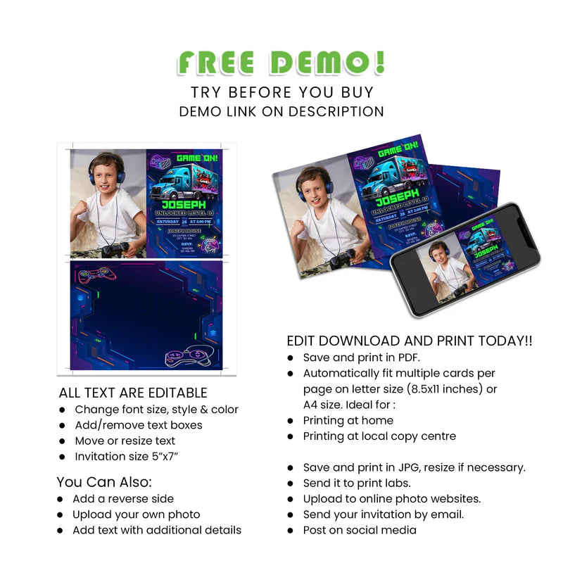 Game Truck Photo Card Invitations – Personalized Birthday Invites