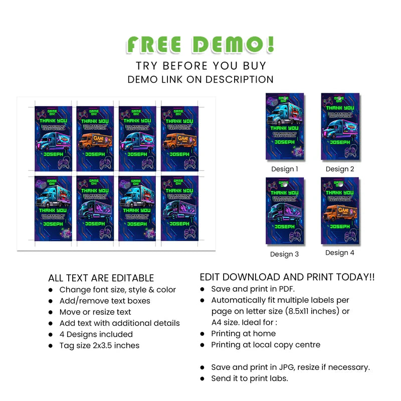 Buy Game Truck Favor Tags – Personalized Party Thank You Tags