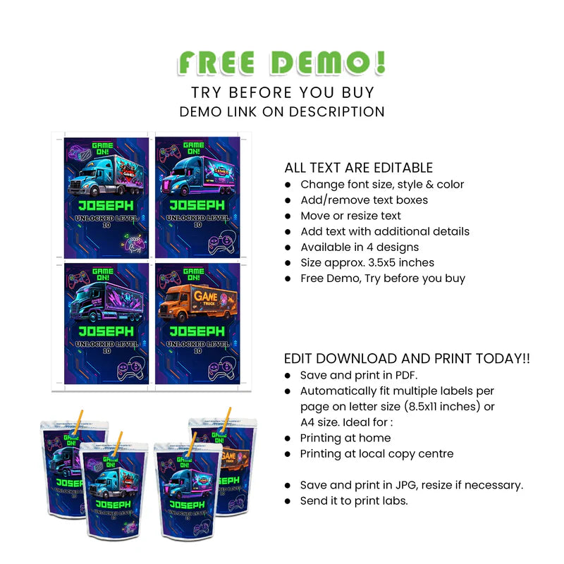 Game Truck Juice Pouch Labels – Personalized Drink Party Wraps