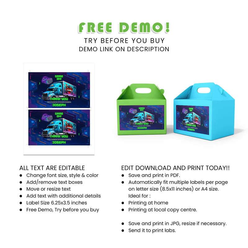 Buy Game Truck Treat Box Labels – Custom Party Favor Packaging