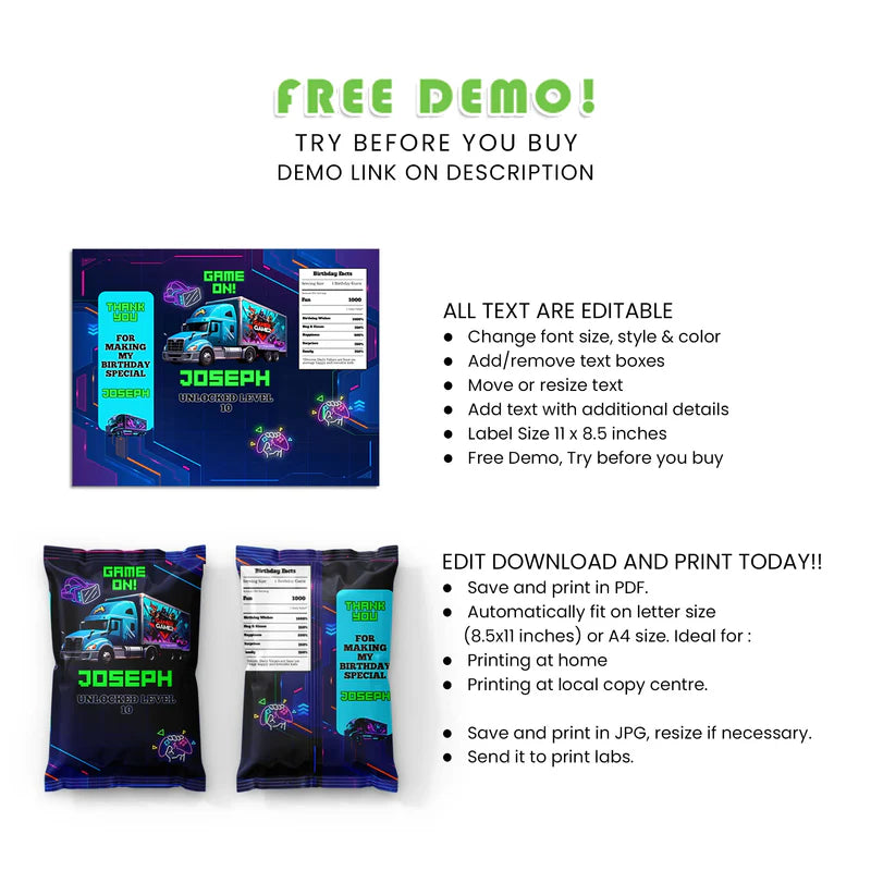 Game Truck Chips Bag Labels – Personalized Snack Party Wrappers