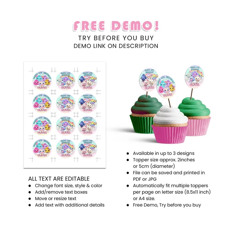 Glitter Dumpling Personalized Cupcakes Toppers Digital Download