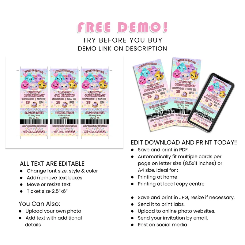 Glitter Dumpling Personalized Birthday Ticket Invitations Digital Download