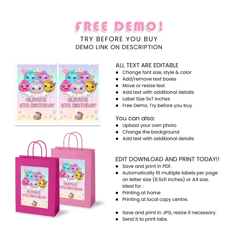 Glitter Dumpling Goodie Bag Label Printable Digital Download