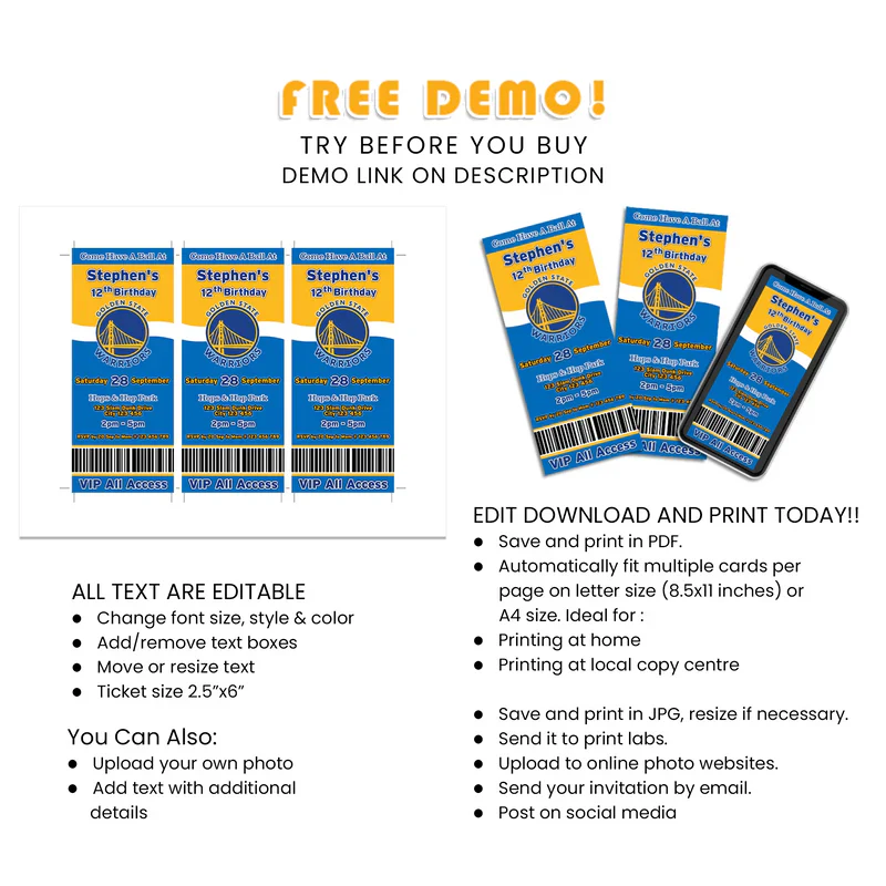 Golden State Warriors Ticket Style Birthday Invitations