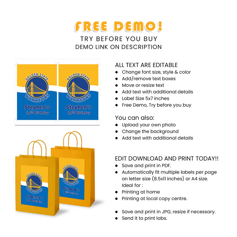 Golden State Warriors Goodie Bag Label Printable Favor
