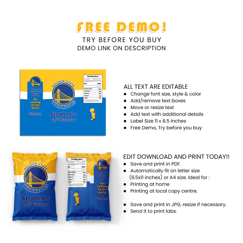 Golden State Warriors Chips Bag Label Personalized Wrap