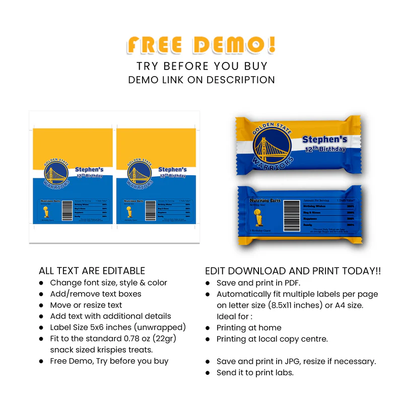 Golden State Warriors Rice Krispies & Candy Bar Labels