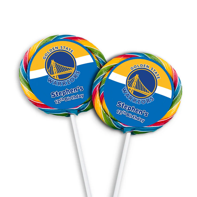 Golden State Warriors lollipop label circle design featuring team logo on bright background