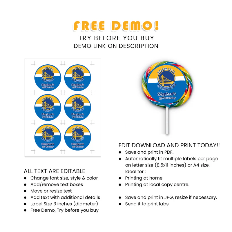 Golden State Warriors Lollipop Label Printable Party Favor