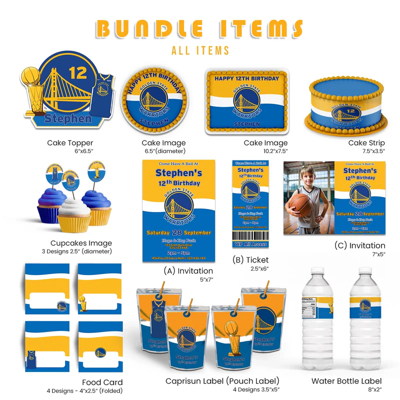 Golden State Warriors party pack bundle flat lay with digital templates in blue and gold