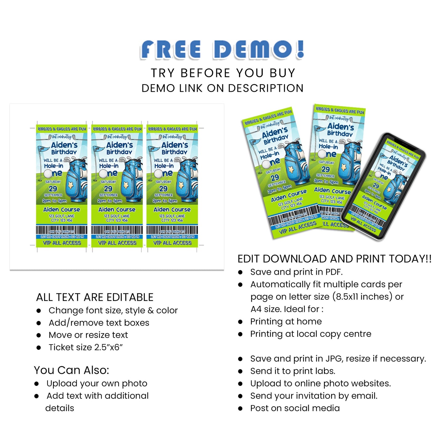 Golf Birthday Ticket Invitations - Customizable Invites for a Golf-Themed Birthday Bash